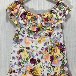 H M Off Shoulder Ruffle‎ Floral Print Mini Dress White Multi Color XXL